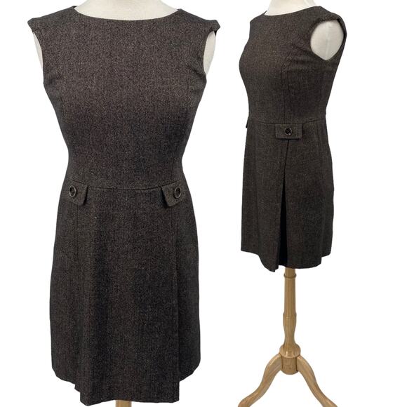 Ann Taylor Shift Dress Front Button Pleats Virgin Wool Brown Petite Womens 4P - Picture 1 of 10